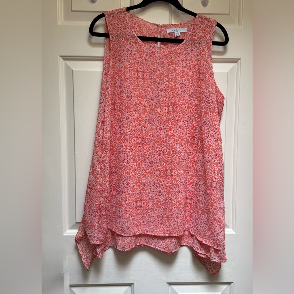 FEVER Sleeveless Coral Peach Orange Print Top womens size Large
